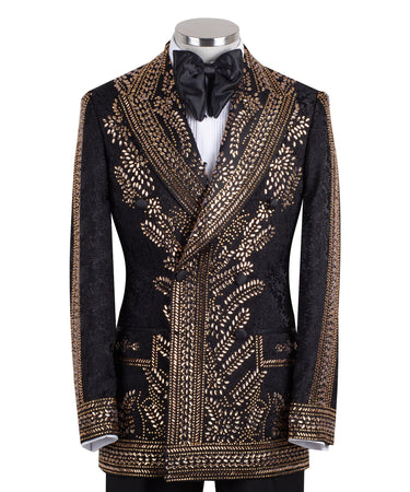Front view of men's Gold Embellished Black Jacquard Double-Breasted Tuxedo by BTS Bespoke, showcasing intricate hand-applied gold details on a black jacquard fabric.
