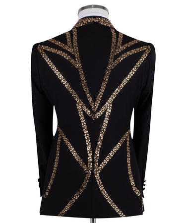 BTS Bespoke Black Tuxedo Jacket with Gold Bead Embellishments, Shawl Lapel and matching vest. Handcrafted in Istanbul. Front, back, and side views showing intricate detail.