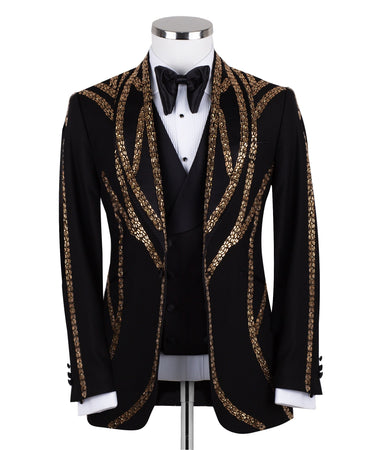 BTS Bespoke Black Tuxedo Jacket with Gold Bead Embellishments, Shawl Lapel and matching vest. Handcrafted in Istanbul. Front, back, and side views showing intricate detail.