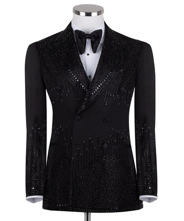 BTS Bespoke black double-breasted tuxedo jacket with intricate hand-embellished crystal and bead detailing on lapels, shoulders, chest, sleeves, and back, displayed on a mannequin, front and back views, close-up of embellishments.