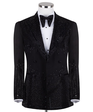 BTS Bespoke black double-breasted tuxedo jacket with intricate hand-embellished crystal and bead detailing on lapels, shoulders, chest, sleeves, and back, displayed on a mannequin, front and back views, close-up of embellishments.