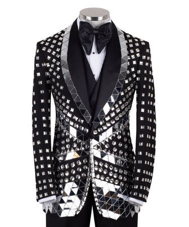 Front view of a BTS Bespoke Black Mirrored Embellished 3-Piece Tuxedo with peak lapels and sparkling crystal accents, handcrafted in Istanbul.