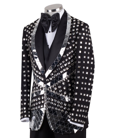 Front view of a BTS Bespoke Black Mirrored Embellished 3-Piece Tuxedo with peak lapels and sparkling crystal accents, handcrafted in Istanbul.