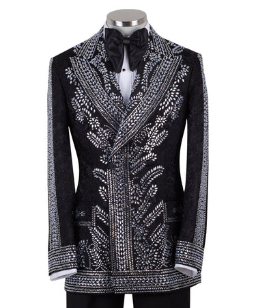 Front view of a black double-breasted tuxedo jacket with extensive silver embellishments, featuring a peak lapel and slim fit design on a mannequin. Back view and close-up showing intricate hand-beading detail.