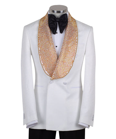 White double-breasted tuxedo jacket with golden hand-embellished shawl lapel and black tuxedo trousers, masterfully tailored in Istanbul by BTS Bespoke.