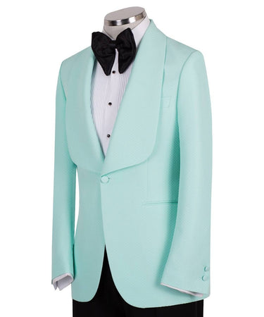 Aqua textured fabric shawl lapel tuxedo jacket on a mannequin, single-breasted, one-button closure. Showcase of BTS Bespoke's luxury handcrafted Istanbul tailoring.