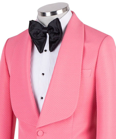 Pink textured single-breasted tuxedo jacket with a prominent shawl lapel on a mannequin, showcasing Istanbul craftsmanship and a unique fabric pattern for a luxurious look.