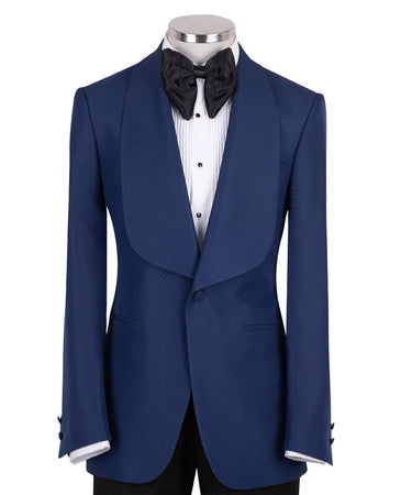 BTS Bespoke Midnight Blue Textured Wool Blend Shawl Lapel Single Breasted Slim Fit Tuxedo, Handcrafted in Istanbul.