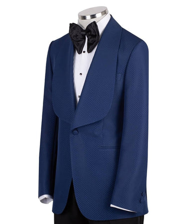 BTS Bespoke Midnight Blue Textured Wool Blend Shawl Lapel Single Breasted Slim Fit Tuxedo, Handcrafted in Istanbul.