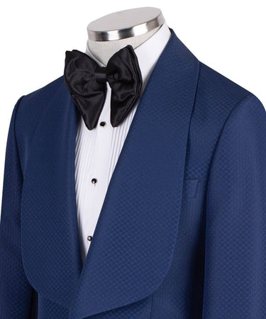 BTS Bespoke Midnight Blue Textured Wool Blend Shawl Lapel Single Breasted Slim Fit Tuxedo, Handcrafted in Istanbul.