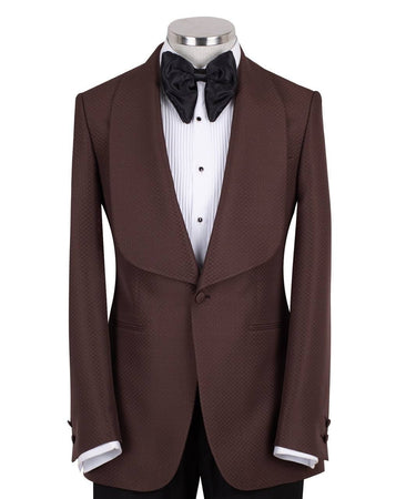 BTS Bespoke brown textured wool blend shawl lapel tuxedo jacket on mannequin, single button, slim fit. Elegant Istanbul tailoring.