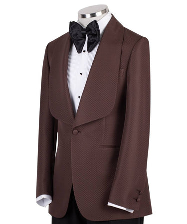 BTS Bespoke brown textured wool blend shawl lapel tuxedo jacket on mannequin, single button, slim fit. Elegant Istanbul tailoring.