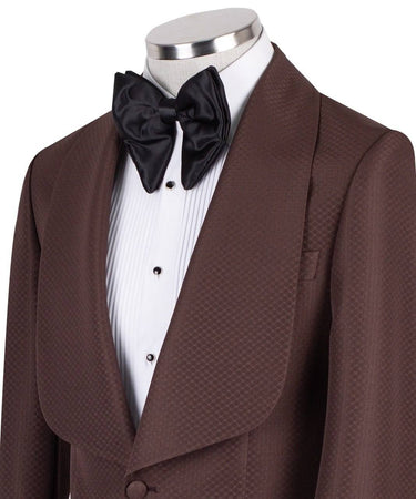 BTS Bespoke brown textured wool blend shawl lapel tuxedo jacket on mannequin, single button, slim fit. Elegant Istanbul tailoring.