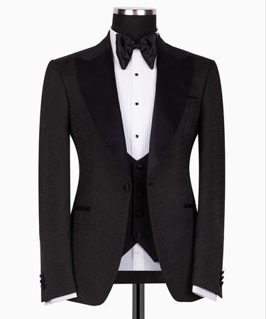Black Peak Lapel Black Tuxedo - Triple Tuxedo | Black Tuxedo Style