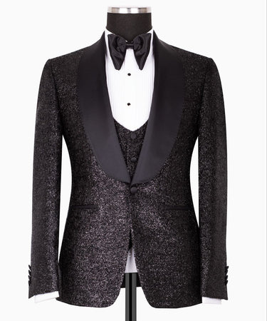 Black Shawl Lapel Black Shiny Tuxedo - Triple Tuxedo | Black Tuxedo Style