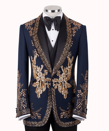 Midnight Navy Hand-Embellished Gold Crystal Shawl Lapel Tuxedo | BTS Bespoke