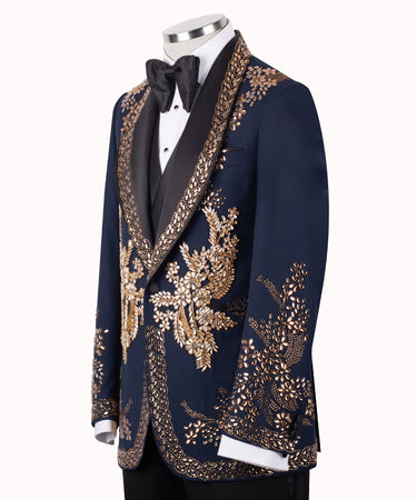 Midnight Navy Hand-Embellished Gold Crystal Shawl Lapel Tuxedo | BTS Bespoke