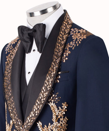 Midnight Navy Hand-Embellished Gold Crystal Shawl Lapel Tuxedo | BTS Bespoke
