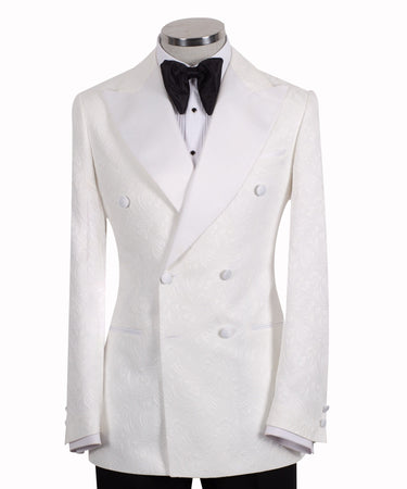 White Floral Jacquard Double-Breasted Tuxedo | BTS Bespoke