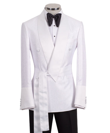 White Jacquard Belted Shawl Lapel Tuxedo | BTS Bespoke