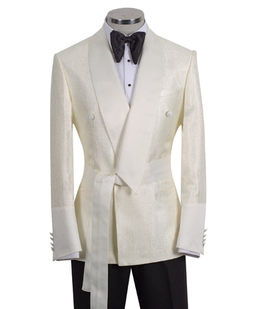 Ivory Textured Jacquard Belted Double-Breasted Tuxedo | BTS Bespoke