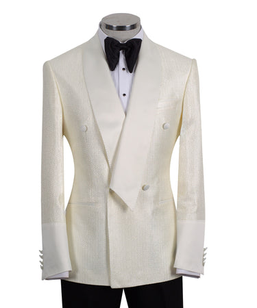 Ivory Textured Jacquard Belted Double-Breasted Tuxedo | BTS Bespoke