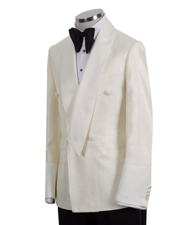 Ivory Textured Jacquard Belted Double-Breasted Tuxedo | BTS Bespoke