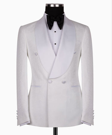 White Textured Wool Double-Breasted Peak Lapel Tuxedo | BTS Bespoke