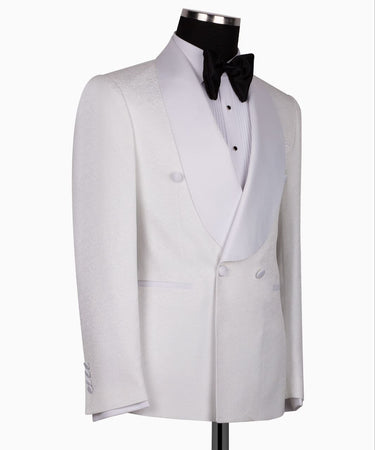 White Textured Wool Double-Breasted Peak Lapel Tuxedo | BTS Bespoke