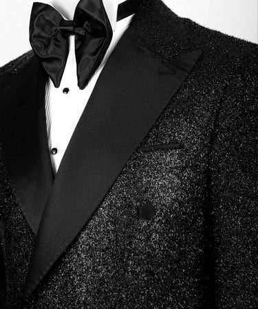 Black Embellished Wool Blend Double Breasted Tuxedo | BTS Bespoke