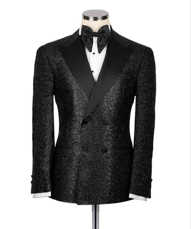 Black Embellished Wool Blend Double Breasted Tuxedo | BTS Bespoke
