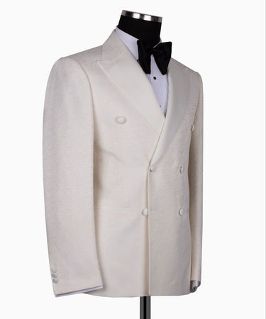 Cream Jacquard Double Breasted Peak Lapel Tuxedo | BTS Bespoke