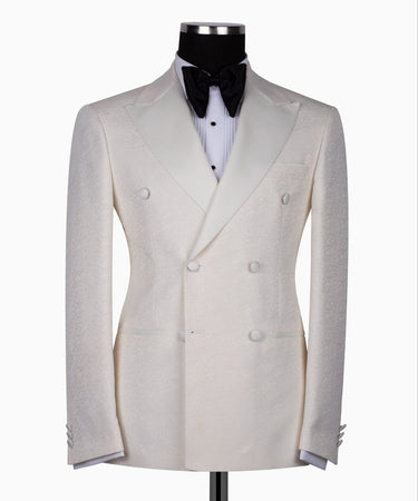Cream Jacquard Double Breasted Peak Lapel Tuxedo | BTS Bespoke