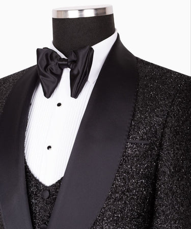 Black Embellished Shawl Lapel Three Piece Tuxedo | BTS Bespoke