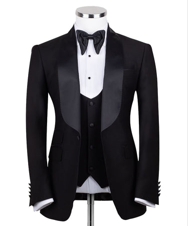 Black Wool Blend Shawl Lapel Three-Piece Tuxedo | BTS Bespoke