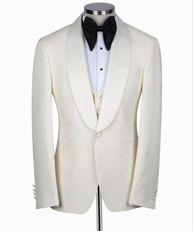 Cream Jacquard Wool Blend One-Button Shawl Lapel Three-Piece Tuxedo | BTS Bespoke