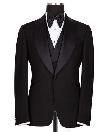Black Wool Satin Peak Lapel Three-Piece Tuxedo | BTS Bespoke
