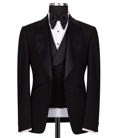 Black Wool Satin Peak Lapel Three-Piece Tuxedo | BTS Bespoke