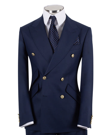 Navy Blue Wool Blend Double Breasted Suit | BTS Bespoke