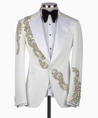 White Crystal Embellished Peak Lapel Tuxedo with Black Trousers | BTS Bespoke