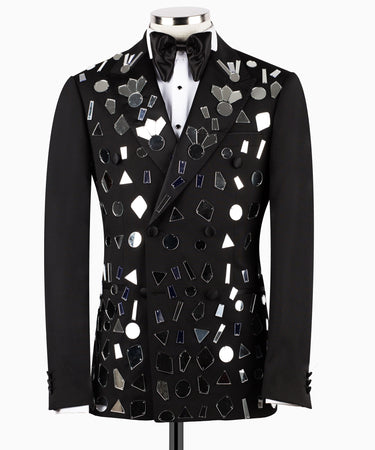 Black Mirrored Embellished Double Breasted Tuxedo | BTS Bespoke