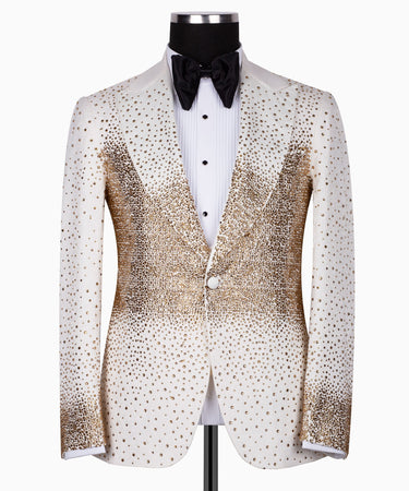 White & Gold Embellished Peak Lapel Tuxedo | BTS Bespoke