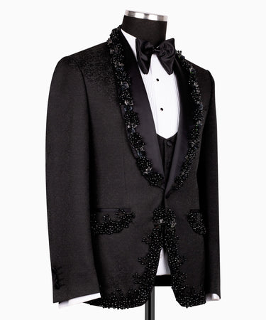Black Embellished Jacquard Peak Lapel Three Piece Tuxedo | BTS Bespoke