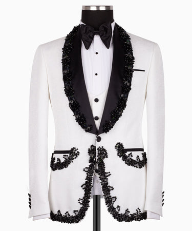 White & Black Jacquard Embellished Peak Lapel Three-Piece Tuxedo | BTS Bespoke