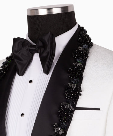 White & Black Jacquard Embellished Peak Lapel Three-Piece Tuxedo | BTS Bespoke