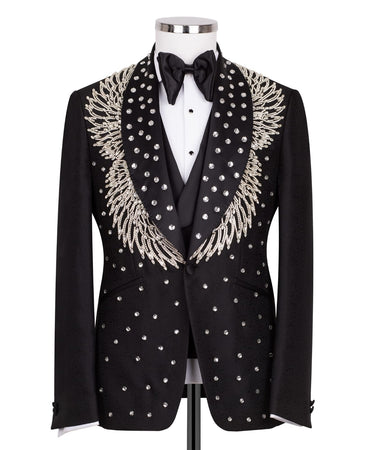 Black Embellished Jacquard Shawl Lapel Three-Piece Tuxedo | BTS Bespoke