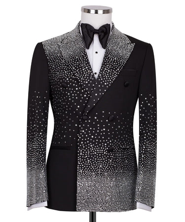 Black Embellished Double Breasted Peak Lapel Tuxedo | BTS Bespoke