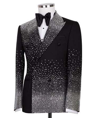 Black Embellished Double Breasted Peak Lapel Tuxedo | BTS Bespoke