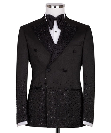 Black Embellished Jacquard Double Breasted Tuxedo | BTS Bespoke