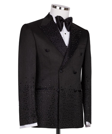 Black Embellished Jacquard Double Breasted Tuxedo | BTS Bespoke